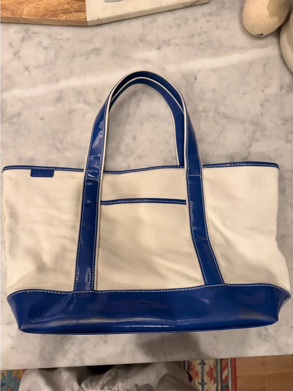 Lands’ End Boat Tote Bag with Blue Patent Leather Accents